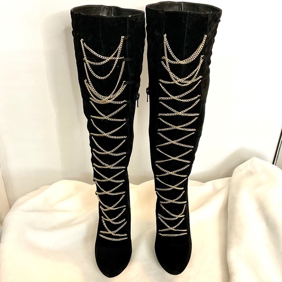 Black Scene Weaver Velvet Lucille Knee High Lace Up Boots Gold Chain Size 6 - Picture 4 of 16